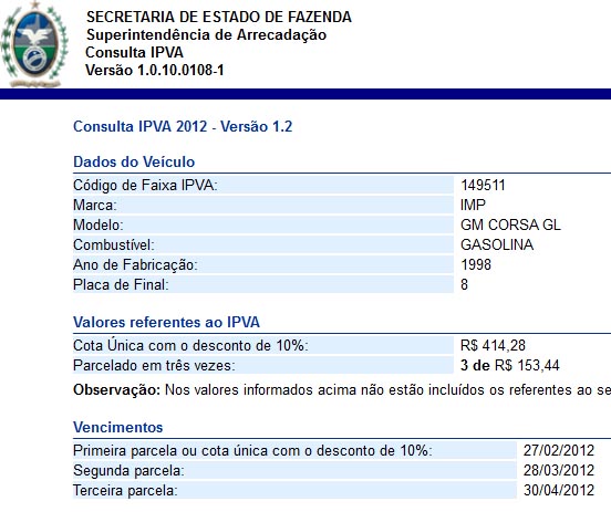 Cálculo do IPVA 2012 RJ